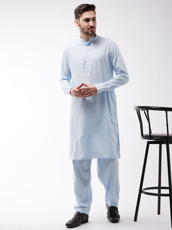 Men's Blue Cotton Blend Kurta and Pyjama Set